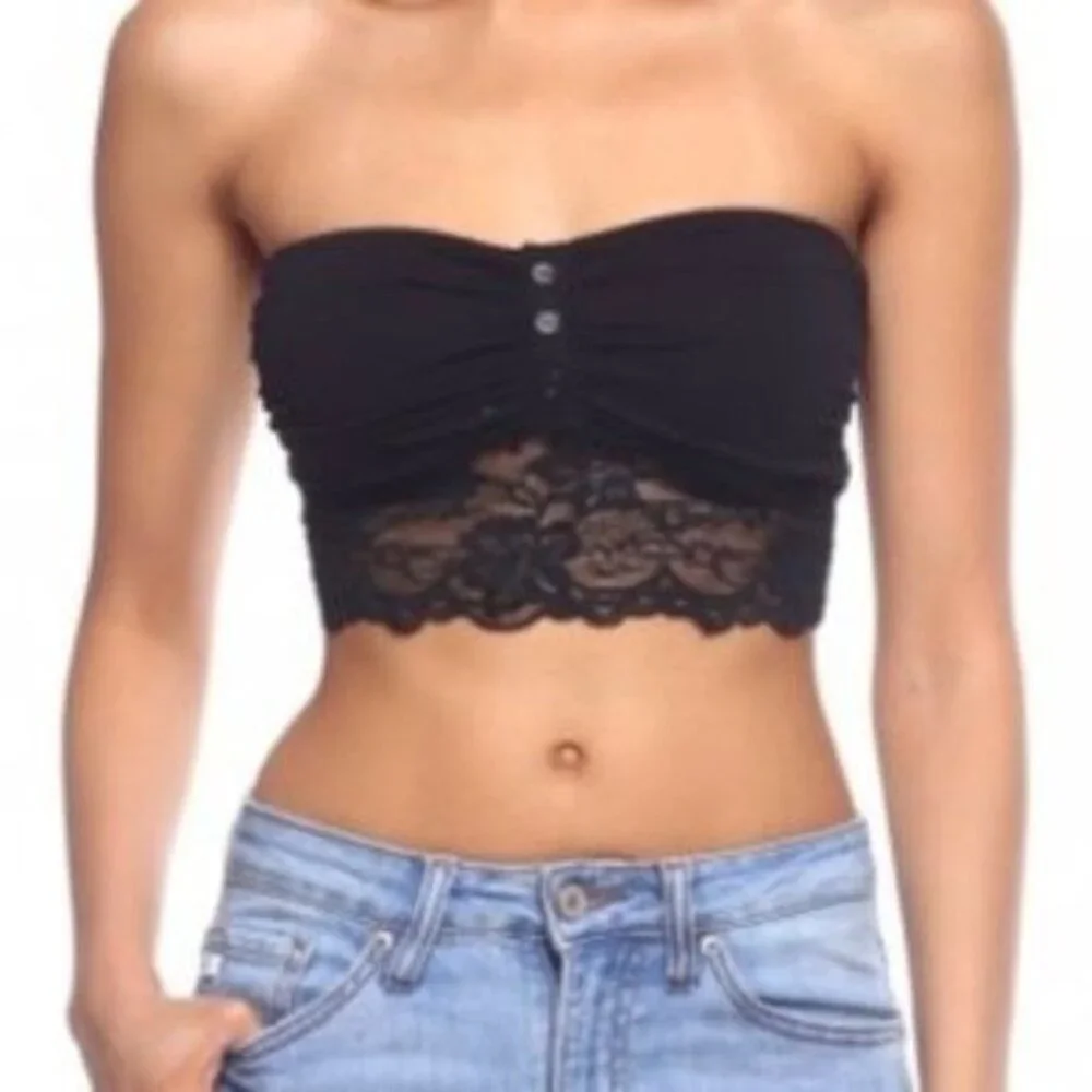 Black Lace Bandeau Top With Button Detail & Contrast Lace Trim - Picture 3 of 5